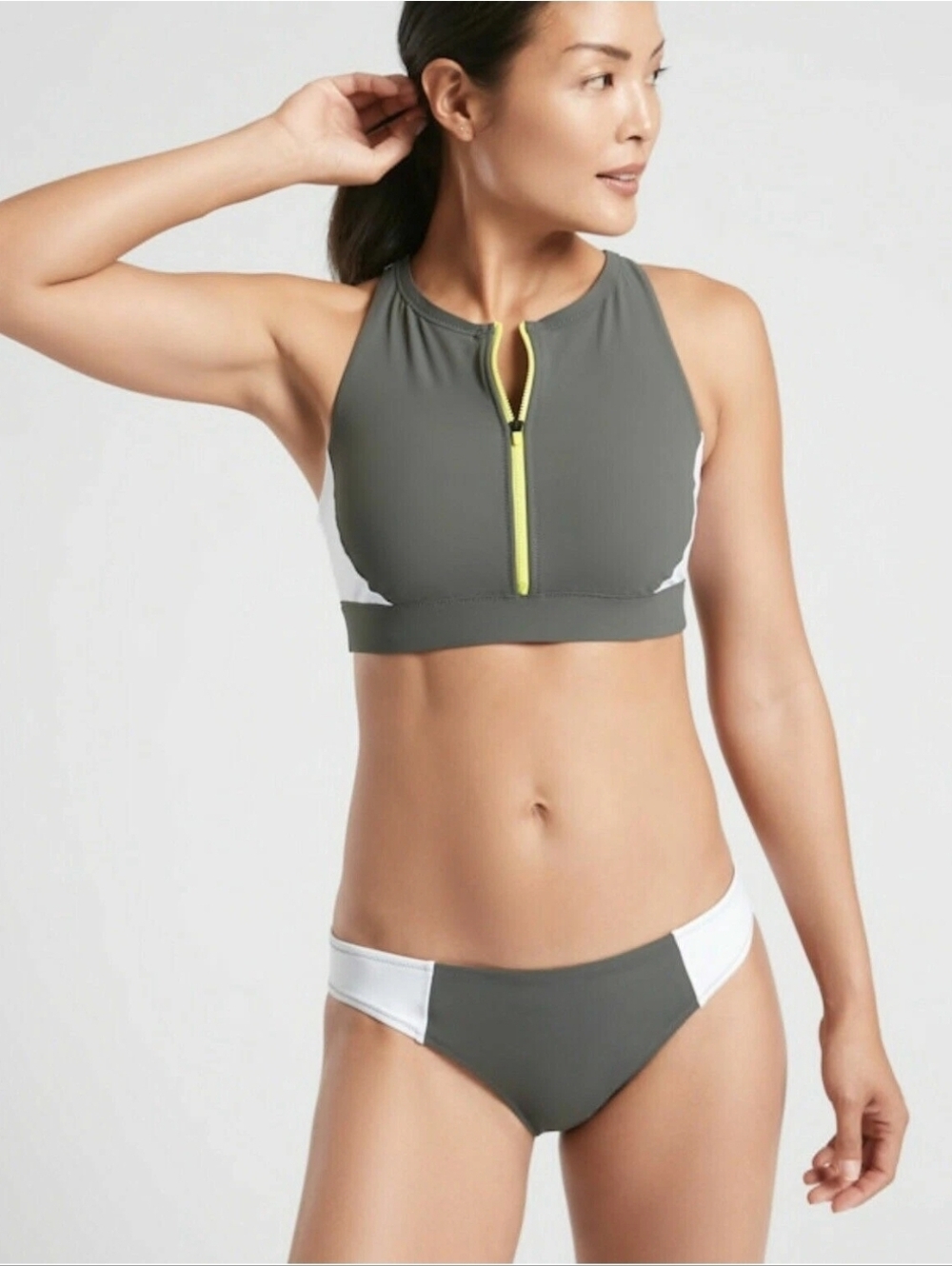Athleta Colorblock Zip Front Bikini Set Herb Olive Medium